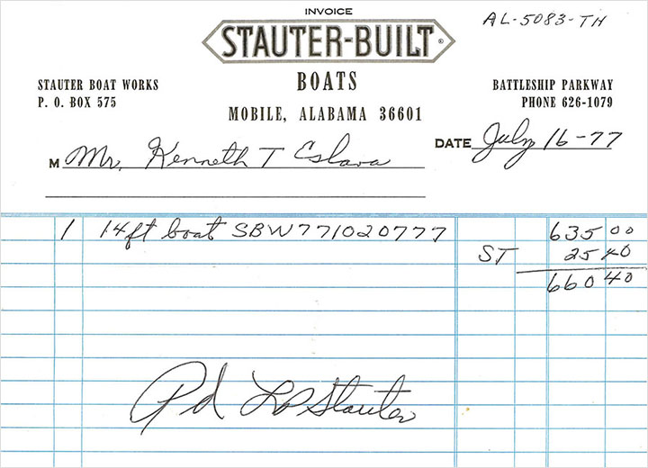 Stauter-Built Boats from Mobile, Alabama original invoice.